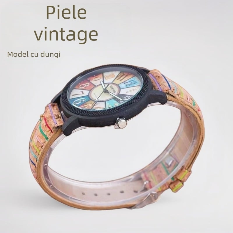 Ceas de damă cu platan din lemn, model retro cu dungi, versiunea coreeană, curea de copac pentru studenți, ceas de mână