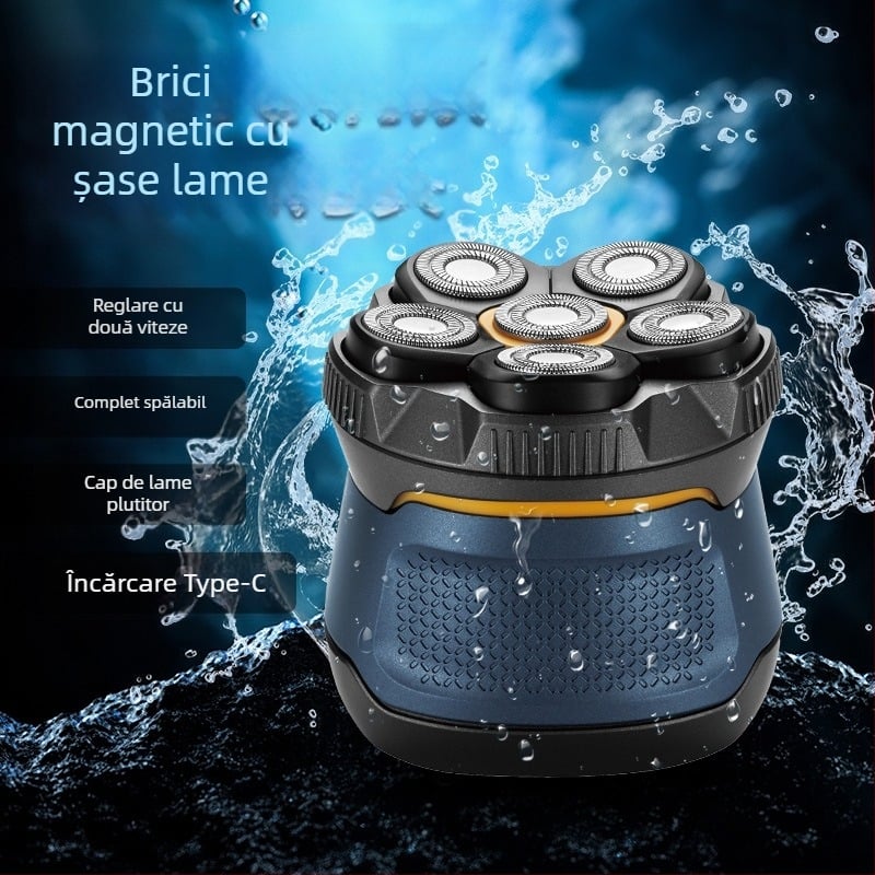 Cap de ras pentru bărbați, aparat de ras pentru spălare completă a corpului, nou cap de ras electric cu șase capete, reîncărcabil, artefact pentru cap chel
