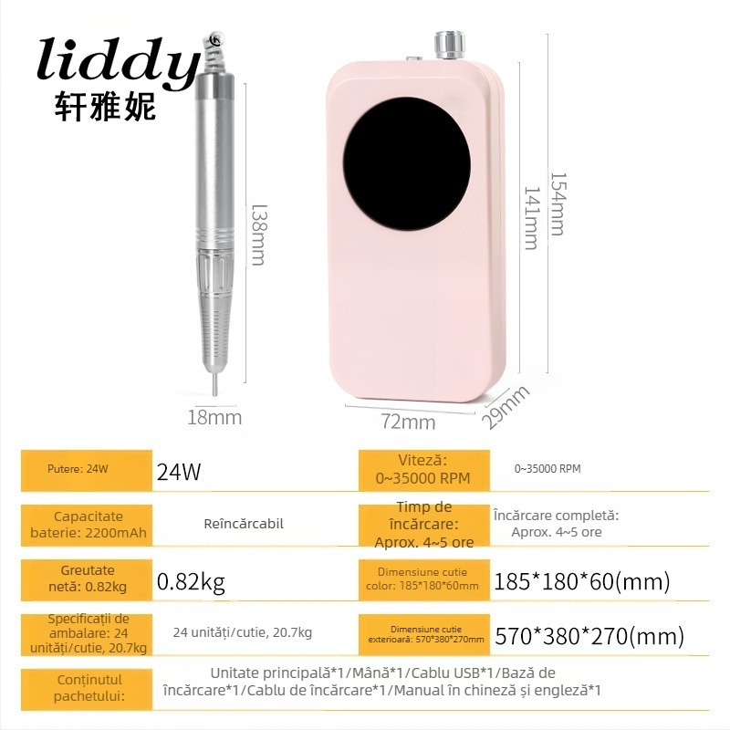 Șlefuitor de unghii electric cu cupă goală, bază de încărcare, slefuitor de unghii portabil, 35000 RPM, instrument de manichiură