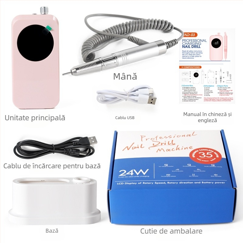 Șlefuitor de unghii electric cu cupă goală, bază de încărcare, slefuitor de unghii portabil, 35000 RPM, instrument de manichiură