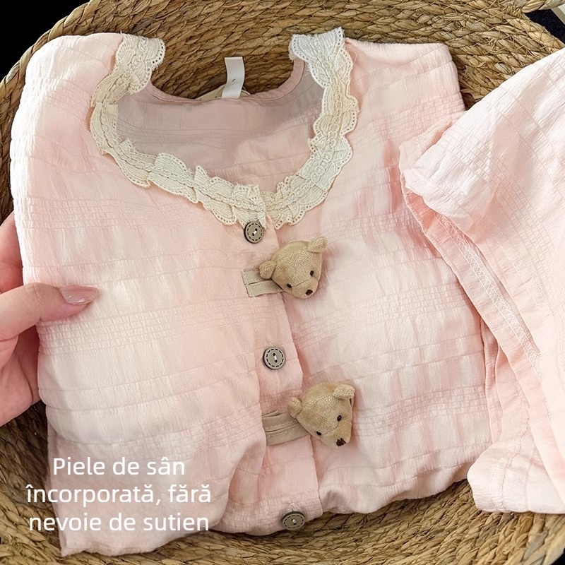 Pijamale japoneze cu ursuleți pentru femei, vara 2025, cu pernă de piept, mânecă scurtă integrată, dulci și drăguțe, potrivite pentru purtare în aer liber, set de îmbrăcăminte pentru casă