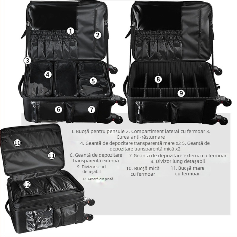 Geantă de machiaj profesională de mare capacitate, geantă de tip troler și cutie de depozitare pentru artiști de machiaj, cutie multifuncțională pentru tatuaje și manichiură