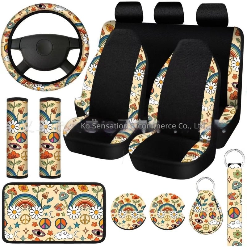 Amazon Temu Huse universale pentru scaune auto cu imprimeu transfrontalier, set de 15 piese, cu ochi curcubeu și suporturi pentru îmbinare