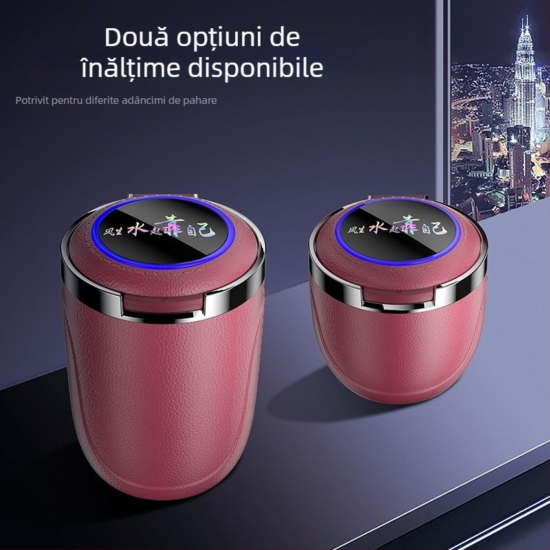 Scrumieră auto cu lumină LED colorată, scrumieră auto, rezervor interior auriu, capac cu deschidere prin buton, scrumieră de mare capacitate