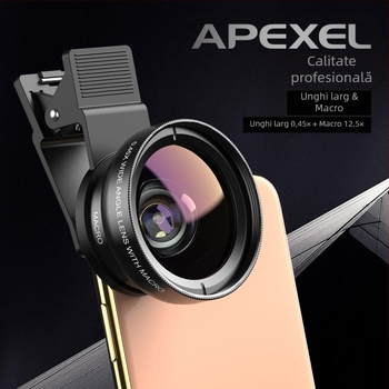 Apexel Obiectiv extern pentru telefon mobil, unghi larg 0,45X, macro 12,5X, două în unul, selfie de înaltă definiție, unghi larg de înaltă definiție