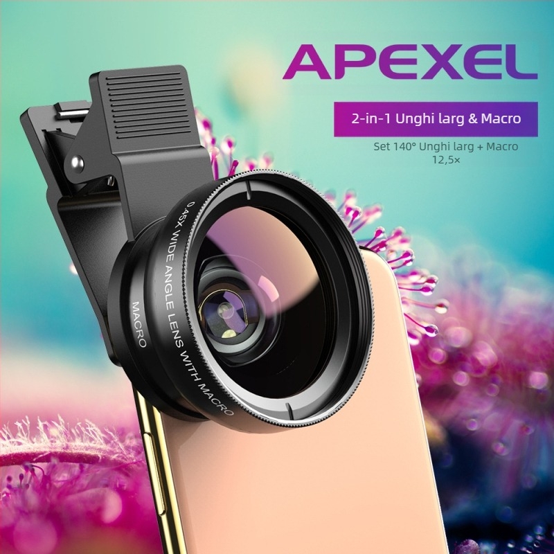 Apexel Obiectiv extern pentru telefon mobil, unghi larg 0,45X, macro 12,5X, două în unul, selfie de înaltă definiție, unghi larg de înaltă definiție