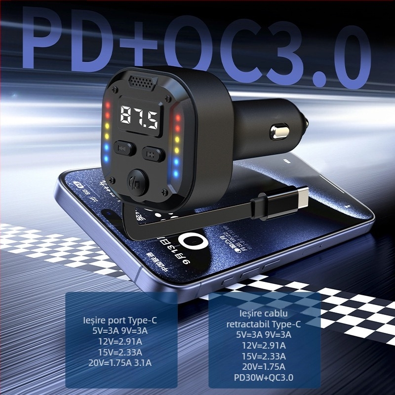 C69 Nou 30Wpd Încărcare rapidă Două-în-Unu Cablu retractabil Auto Player Bluetooth USB Brichetă Transmițător FM