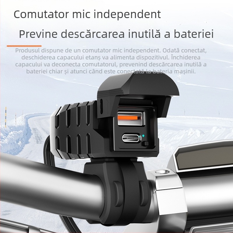 Încărcător de telefon mobil pentru motocicletă cu mini comutator, afișaj luminos, încărcare super rapidă Pd, impermeabil, afișaj inteligent