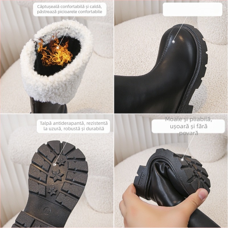 Pantofi pentru fete, cizme lungi pentru copii, 2025, stil nou de toamnă și iarnă, cizme lungi și înalte din piele, căptușite cu fleece, stil prințesă