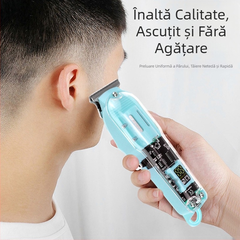 Mașină de tuns electrică cu lumină pentru bărbați, mini profesională, transparentă, cu cap de ulei sculptat, pentru bărbați, cu tuns ușor