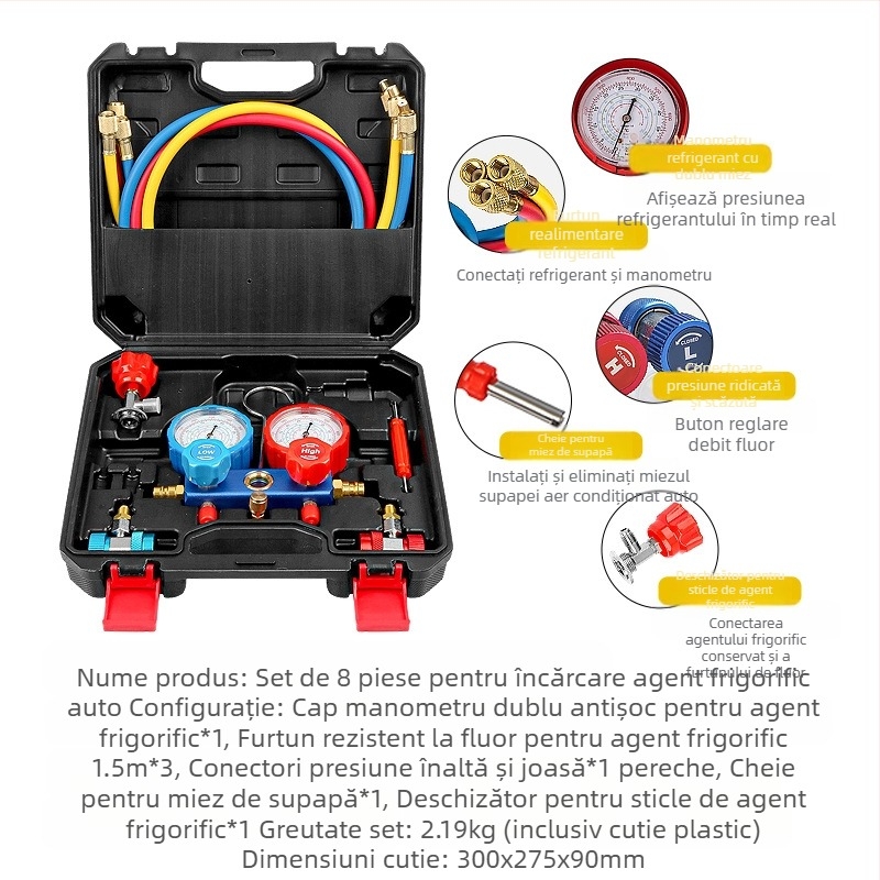 Fluorometru de agent frigorific pentru aer condiționat auto, contor dublu, deschizător de sticle pentru semințe de zăpadă, tub Freon, presiune înaltă și joasă, conector rapid din cupru, instrument