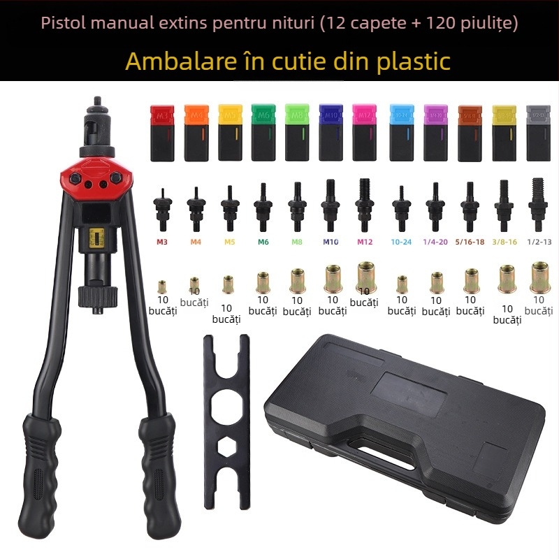 Pistol manual transfrontalier de 16 inch, metric, 12 inch, specificații, trageți piulița niturilor, pistol cu valiză, costum de piuliță