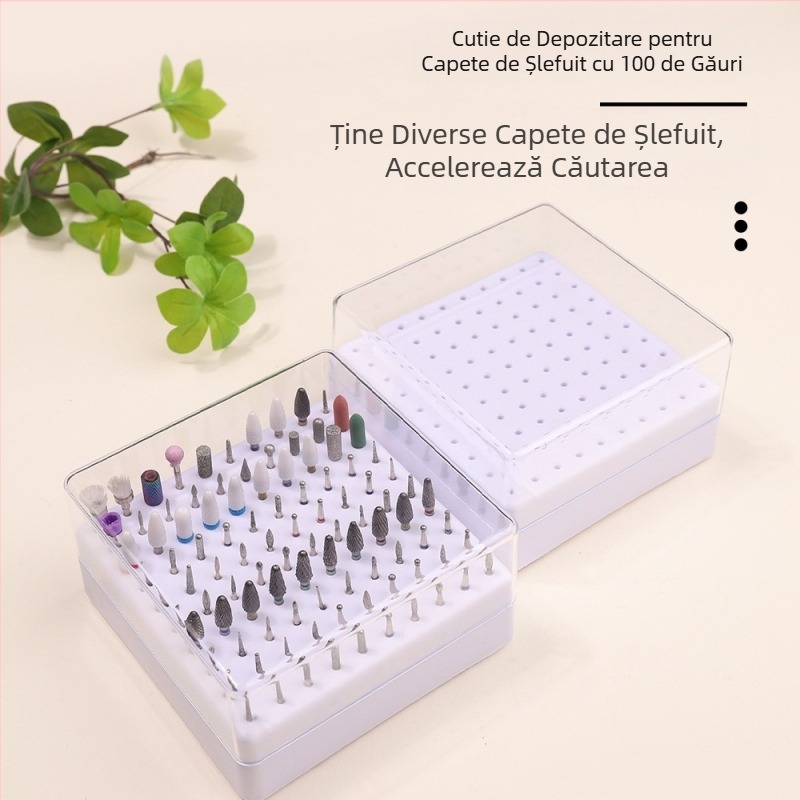 Cutie de depozitare transfrontalieră pentru cap de șlefuire cu 100 de găuri, suport de afișare pentru cap de lustruire a unghiilor, cutie de depozitare pentru burghiu, cutie de finisare, cutie de scule pentru unghii