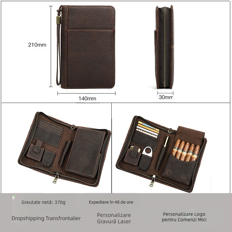 Cutie de trabucuri din piele Black Angel Retro cu model Crazy Horse, geantă de călătorie portabilă din piele naturală, pachet de cinci, pentru depozitarea echipamentelor de trabucuri