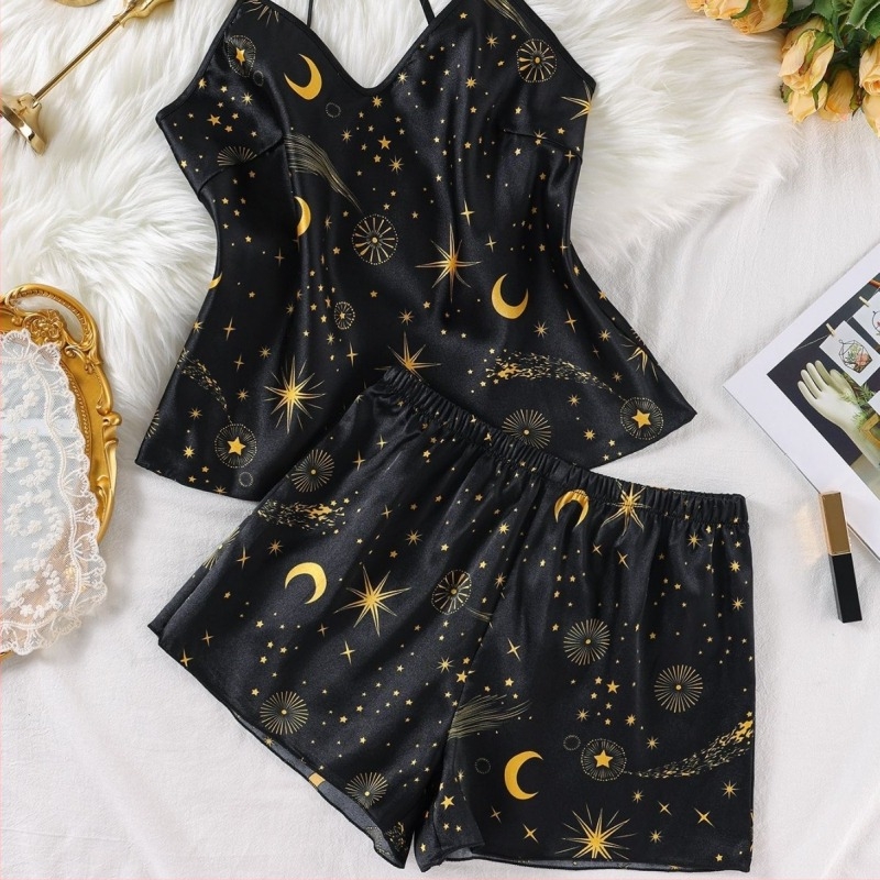 Pijamale pentru femei, adolescente, europene și americane, Amazon, din mătase artificială, de vară, sexy, Sling, la modă, imprimate, haine de casă