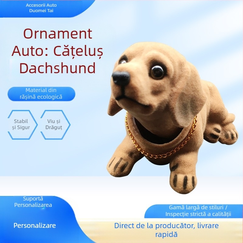 Furnizare directă din fabrică de ornamente auto pentru câini cu cap scuturat din rășină, simulate de Dachshund, accesorii auto, ornamente simulate pentru câini