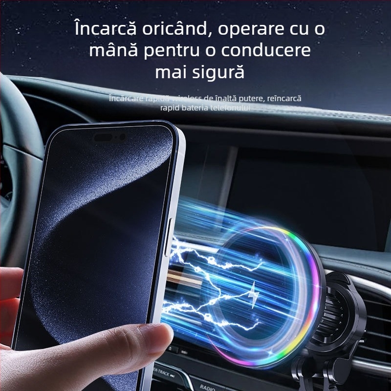 Noul încărcător auto wireless cu lumini RGB rotunde transfrontaliere pentru telefoanele mobile Apple, încărcare wireless cu aspirație magnetică Magsafe