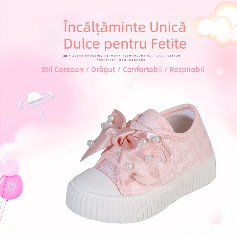 Fete de primăvară și toamnă pantofi de pânză noi talpă moale pantofi pentru fete pantofi pentru bebeluși pantofi cu fundă pantofi eleganti din pânză pentru fete