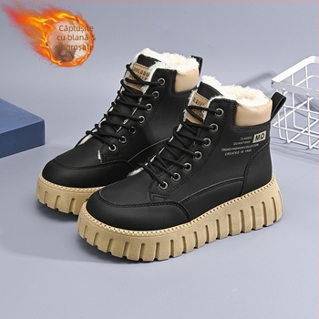 Pantofi de iarnă pentru femei, căptușiți cu fleece, cu platformă, stil coreean, cu toate potrivirile, îngroșați și cald, cu bumbac căptușit, cizme scurte casual, cizme de zăpadă