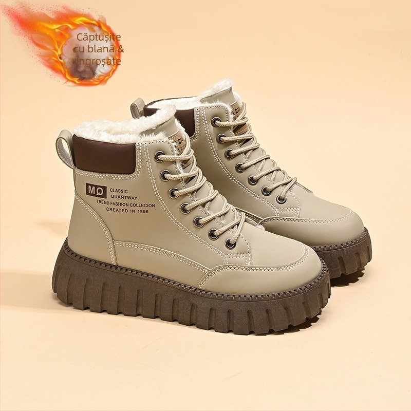 Pantofi de iarnă pentru femei, căptușiți cu fleece, cu platformă, stil coreean, cu toate potrivirile, îngroșați și cald, cu bumbac căptușit, cizme scurte casual, cizme de zăpadă