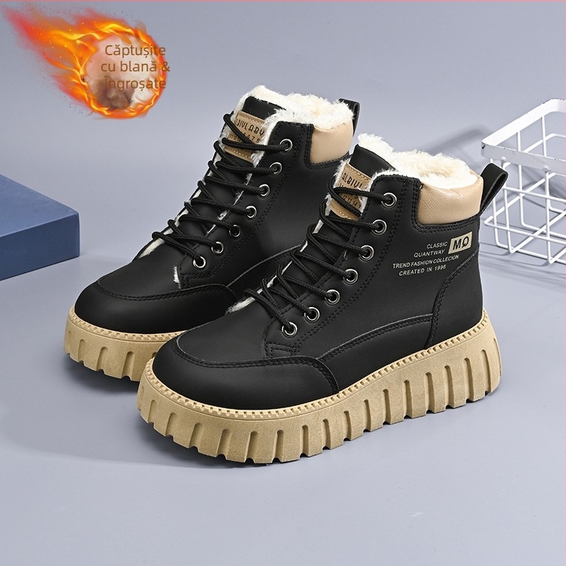 Pantofi de iarnă pentru femei, căptușiți cu fleece, cu platformă, stil coreean, cu toate potrivirile, îngroșați și cald, cu bumbac căptușit, cizme scurte casual, cizme de zăpadă