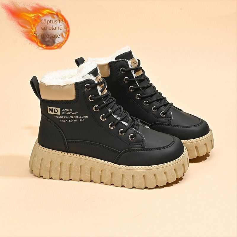 Pantofi de iarnă pentru femei, căptușiți cu fleece, cu platformă, stil coreean, cu toate potrivirile, îngroșați și cald, cu bumbac căptușit, cizme scurte casual, cizme de zăpadă