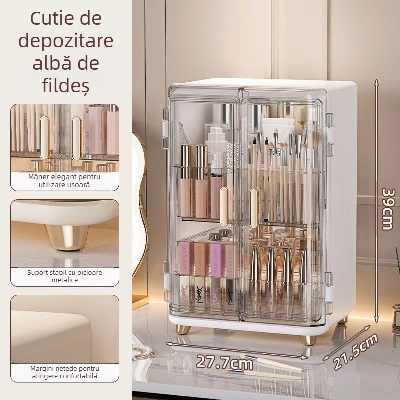 Cutie de depozitare pentru cosmetice, capacitate mare, rezistentă la praf, pentru desktop, ruj, îngrijire a pielii, masă de toaletă, perie de machiaj, cutie de machiaj de lux, lumină populară