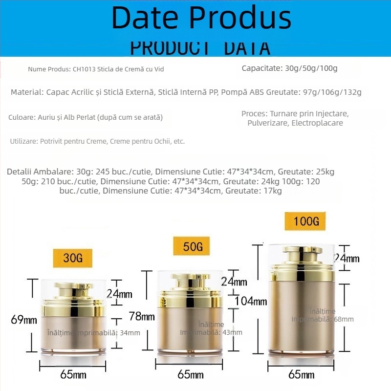 Sticlă de cremă vidată aurie Spot 30G, sticlă de presare alb perlat 50G, sticlă de cremă acrilică 100G