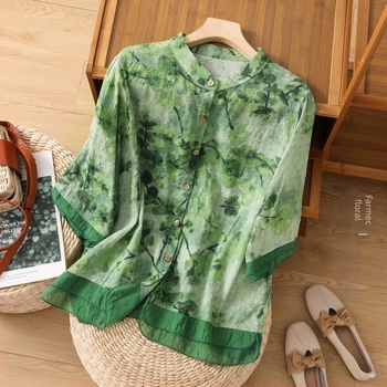 Cardigan subțire cu design personalizat de vară 2025, cămașă imprimată, lejeră, vintage, din bumbac și in, cusături