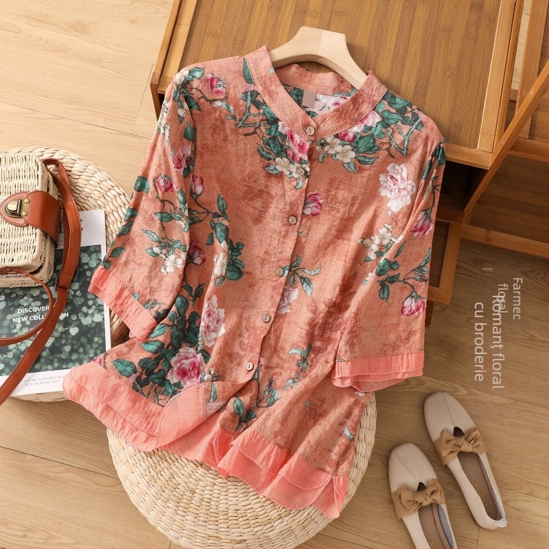 Cardigan subțire cu design personalizat de vară 2025, cămașă imprimată, lejeră, vintage, din bumbac și in, cusături