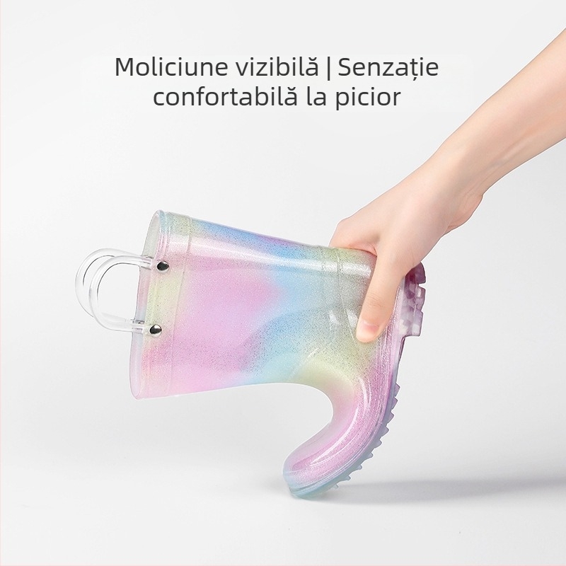 Pantofi de ploaie pentru copii, cizme de ploaie pentru fete, cu tub central transparent, de înaltă calitate, curcubeu, antiderapante, pentru copii mari