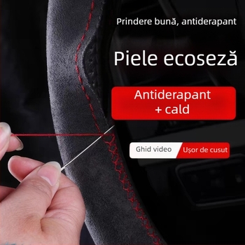 Husă pentru volan auto, din piele întoarsă cusută manual, pentru patru anotimpuri, husă universală din pluș, antiderapantă, absorbantă de transpirație