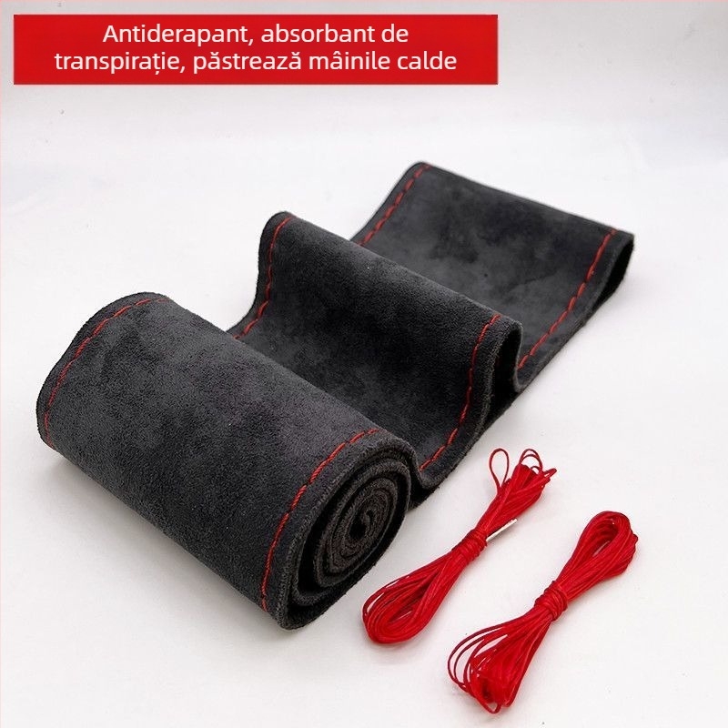 Husă pentru volan auto, din piele întoarsă cusută manual, pentru patru anotimpuri, husă universală din pluș, antiderapantă, absorbantă de transpirație