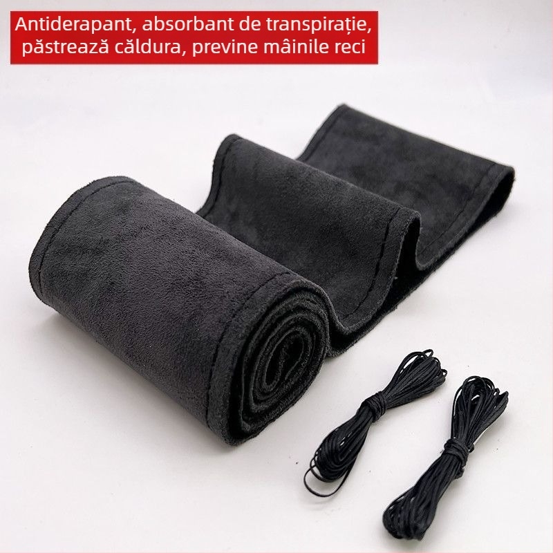 Husă pentru volan auto, din piele întoarsă cusută manual, pentru patru anotimpuri, husă universală din pluș, antiderapantă, absorbantă de transpirație