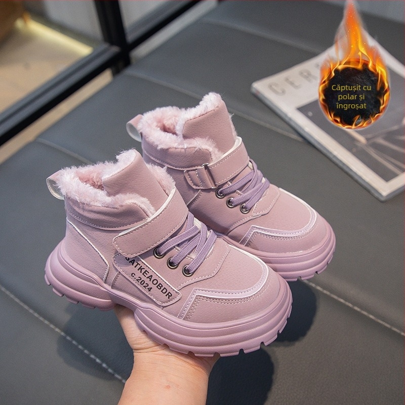 Cizme de zăpadă pentru copii, blană, iarna 2024, pantofi noi din bumbac pentru băieți, căptușiți cu fleece, cizme Martin din bumbac îngroșate pentru fete