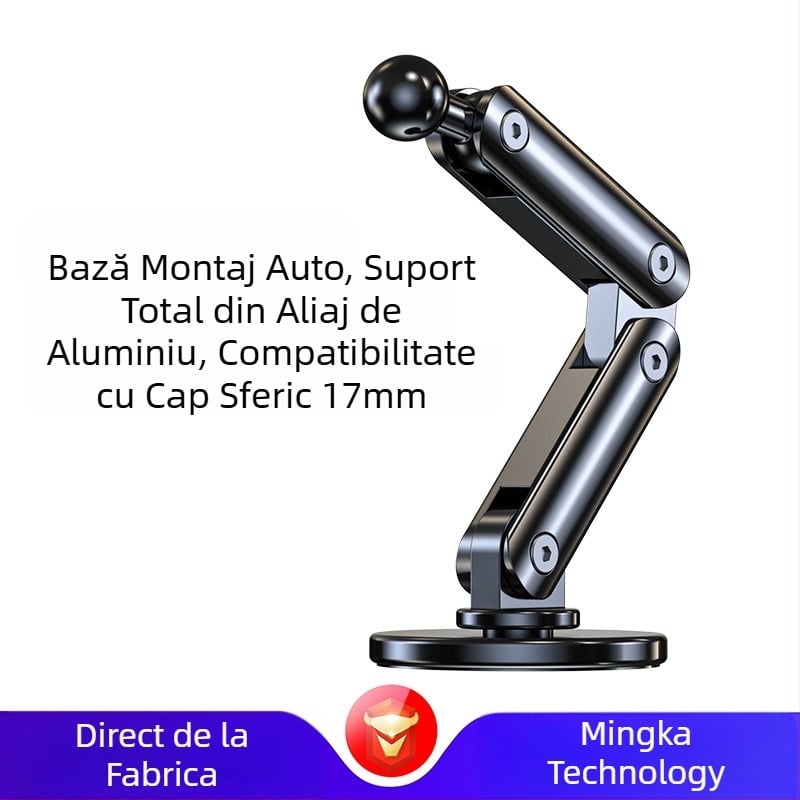 Suport auto universal cu cap sferic de 17 mm, bază adezivă, extensie pliabilă din metal, aliaj de aluminiu, accesorii reglabile