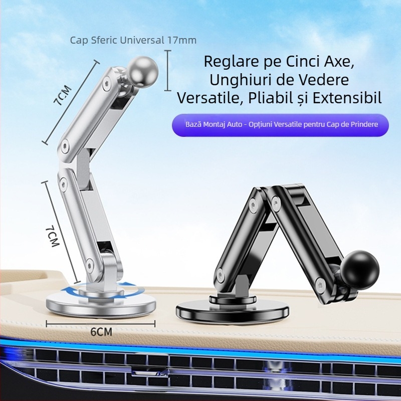Suport auto universal cu cap sferic de 17 mm, bază adezivă, extensie pliabilă din metal, aliaj de aluminiu, accesorii reglabile
