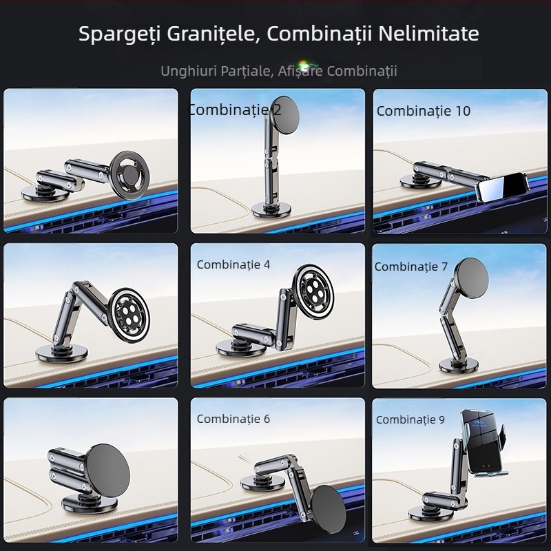 Suport auto universal cu cap sferic de 17 mm, bază adezivă, extensie pliabilă din metal, aliaj de aluminiu, accesorii reglabile