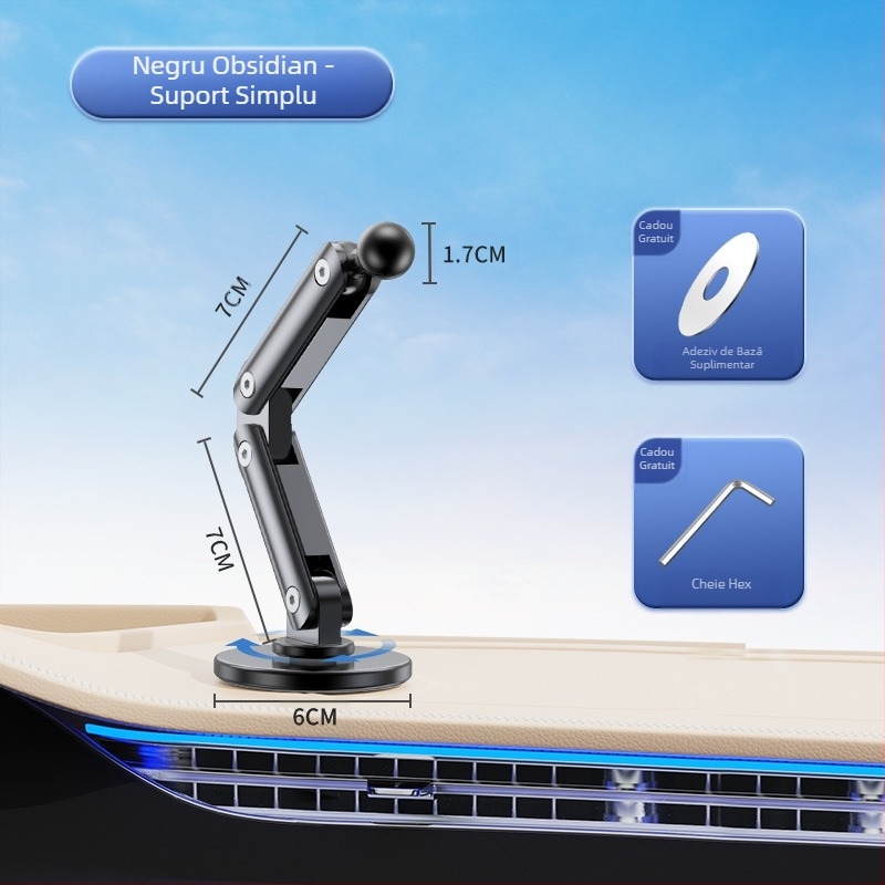 Suport auto universal cu cap sferic de 17 mm, bază adezivă, extensie pliabilă din metal, aliaj de aluminiu, accesorii reglabile