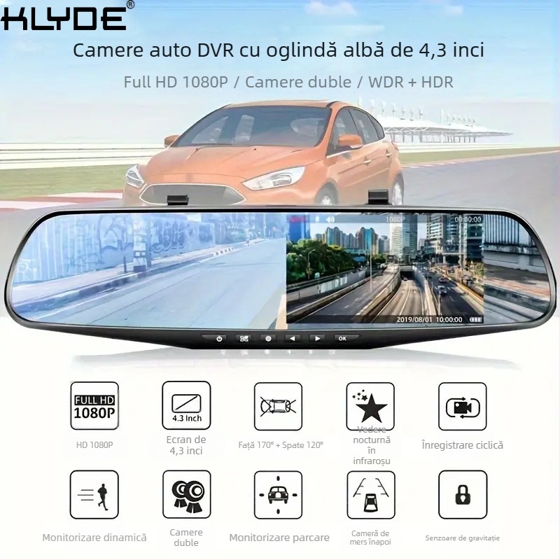Înregistrator de oglindă retrovizoare auto cu înregistrare dublă față și spate 1080P, cu imagine pentru mers înapoi, DVR auto cu vedere nocturnă de înaltă definiție