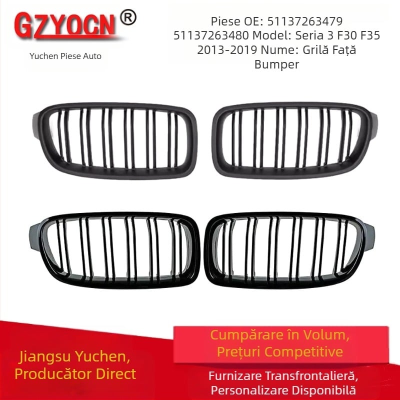 Grilă față dublă pentru BMW Seria 3 13-19, F30/F35, modificată, grilă radiator neagră lucioasă cu linie dublă