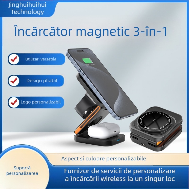 Încărcător wireless transfrontalier nou, trei în unu, încărcare rapidă pentru telefon mobil, suport magnetic pliabil, căști cu ceas, încărcare wireless