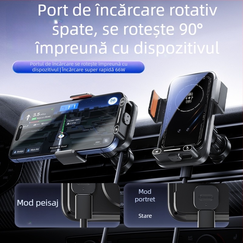 Suport auto pentru telefon mobil, priză de aer pentru navigare, încărcător wireless cu încărcare magnetică rotativă electrică în mașină