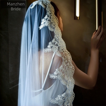 Voal de mireasă Manzhen alb din dantelă, fără/cu pieptene, voal de nuntă, stil studio foto avansat, M49