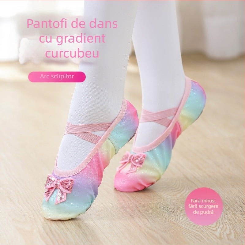Pantofi de dans pentru copii, fete, balet, talpă moale, pantofi de antrenament, performanță chinezească, paiete, curcubeu, gradient, gheare de pisică