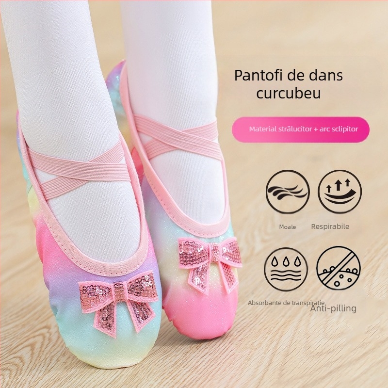 Pantofi de dans pentru copii, fete, balet, talpă moale, pantofi de antrenament, performanță chinezească, paiete, curcubeu, gradient, gheare de pisică