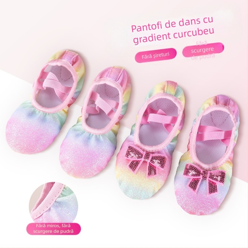 Pantofi de dans pentru copii, fete, balet, talpă moale, pantofi de antrenament, performanță chinezească, paiete, curcubeu, gradient, gheare de pisică