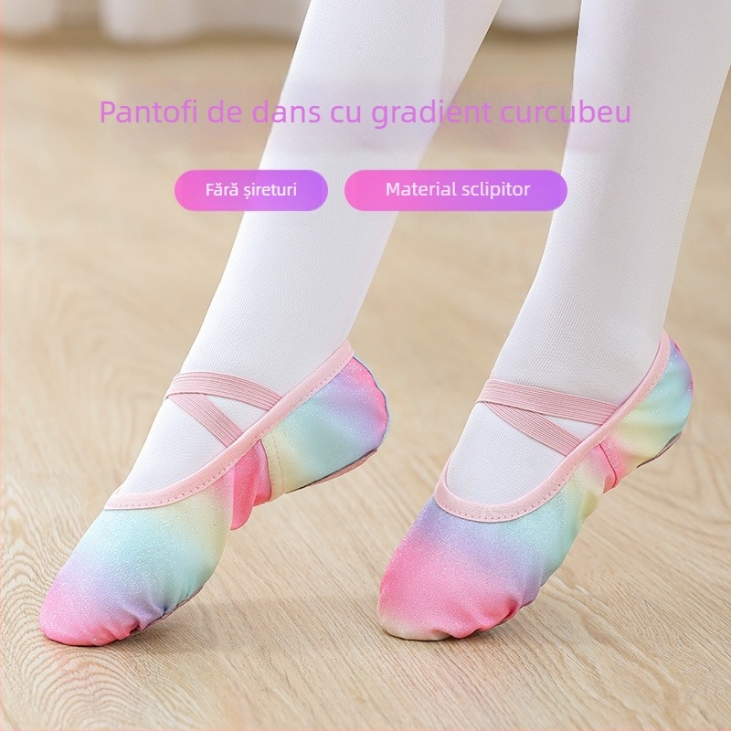 Pantofi de dans pentru copii, fete, balet, talpă moale, pantofi de antrenament, performanță chinezească, paiete, curcubeu, gradient, gheare de pisică
