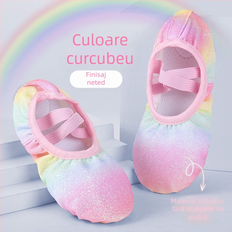 Pantofi de dans pentru copii, fete, balet, talpă moale, pantofi de antrenament, performanță chinezească, paiete, curcubeu, gradient, gheare de pisică