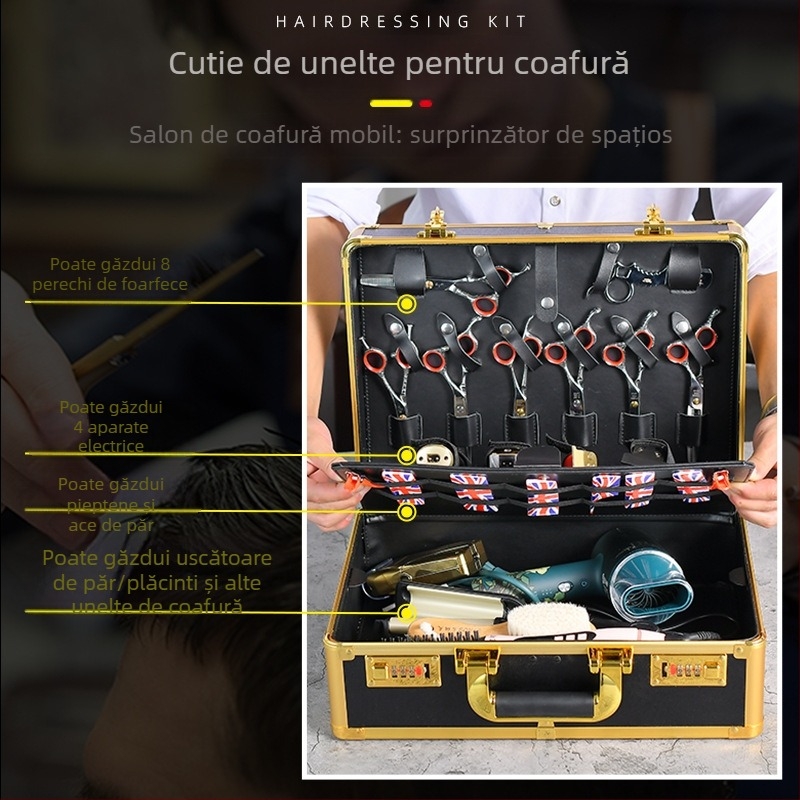 Junming multifuncțional din aliaj de aluminiu pentru frizerie, cutie de scule pentru exterior, frizerie, cutie de depozitare pentru frizerie